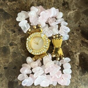 rose quartz triple strands watch mother of pearl crystal face beautiful clasp